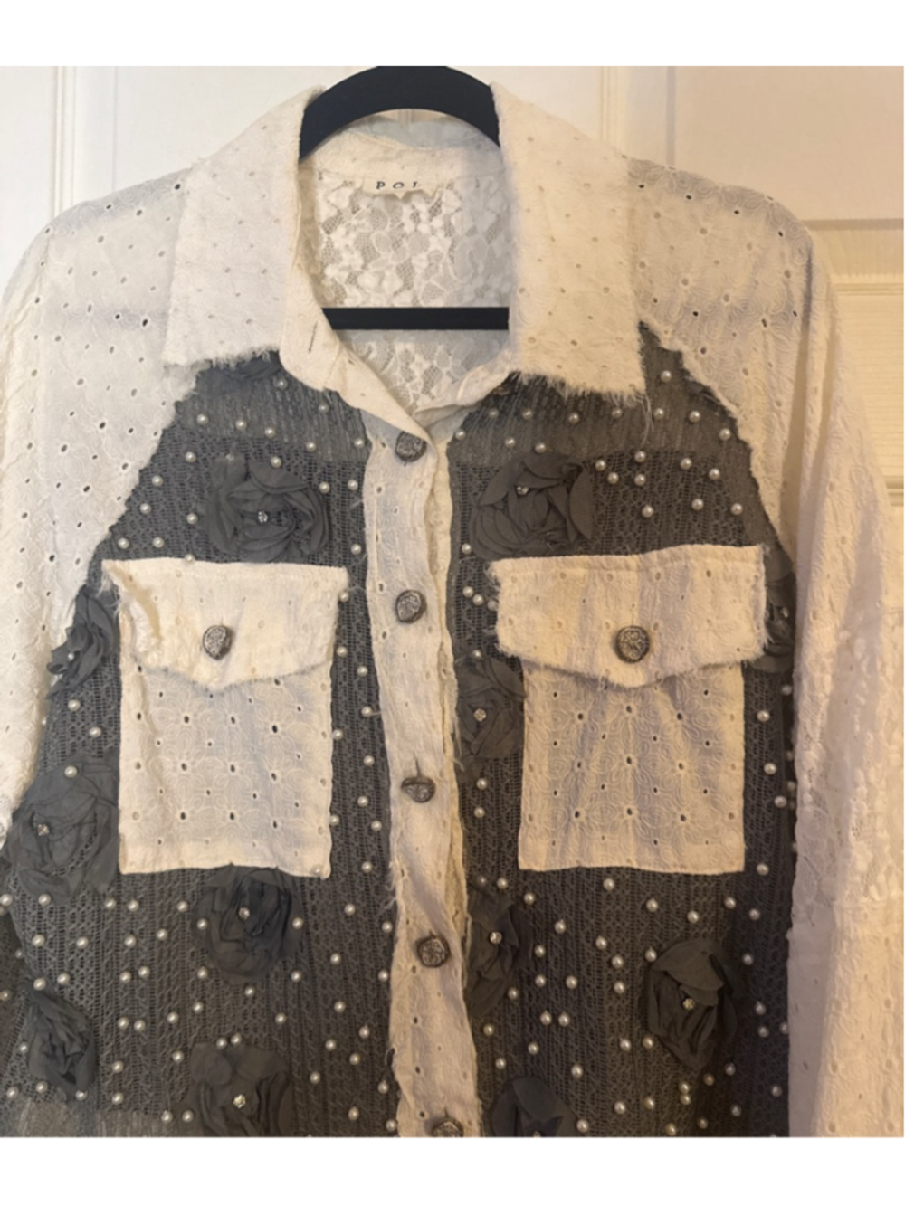 POL White Gray Lace Pearl Jacket S - Picture 3 of 5